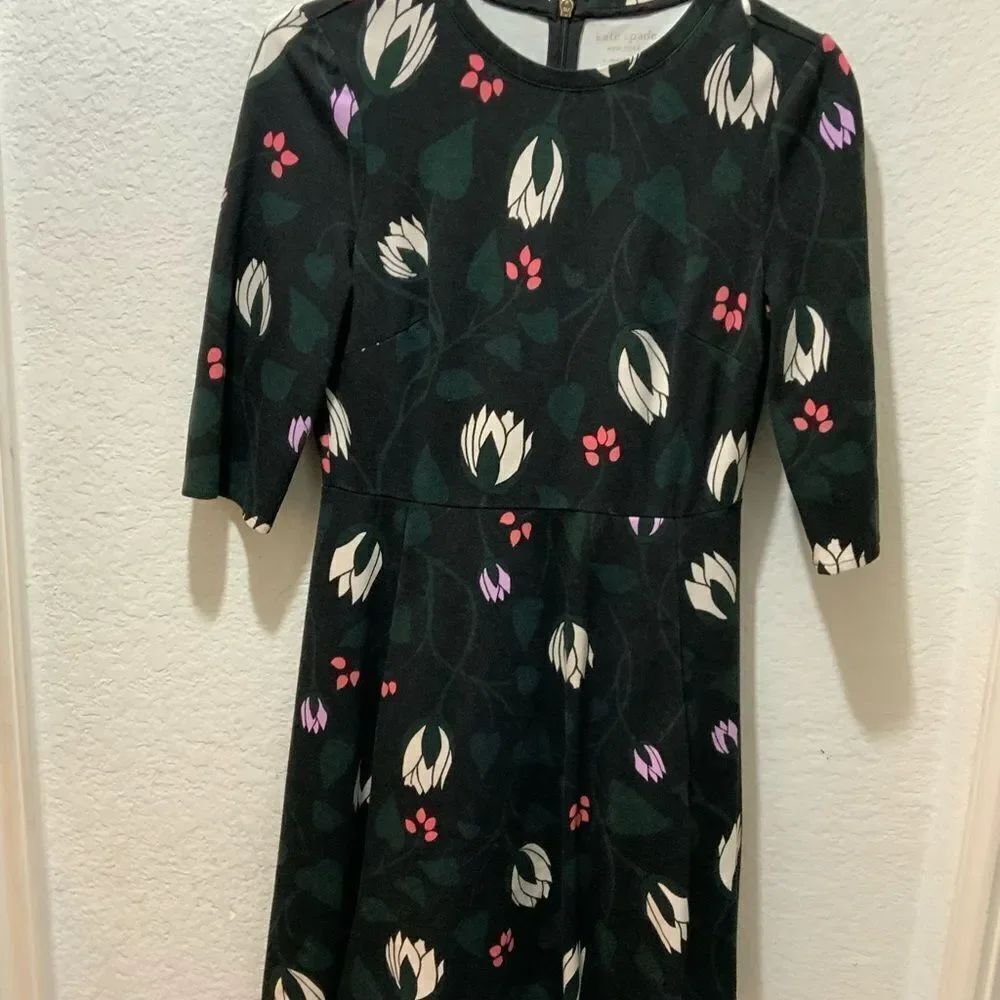 Kate Spade Long Bell Sleeve Floral Print Mini Dress Black Stretchy S